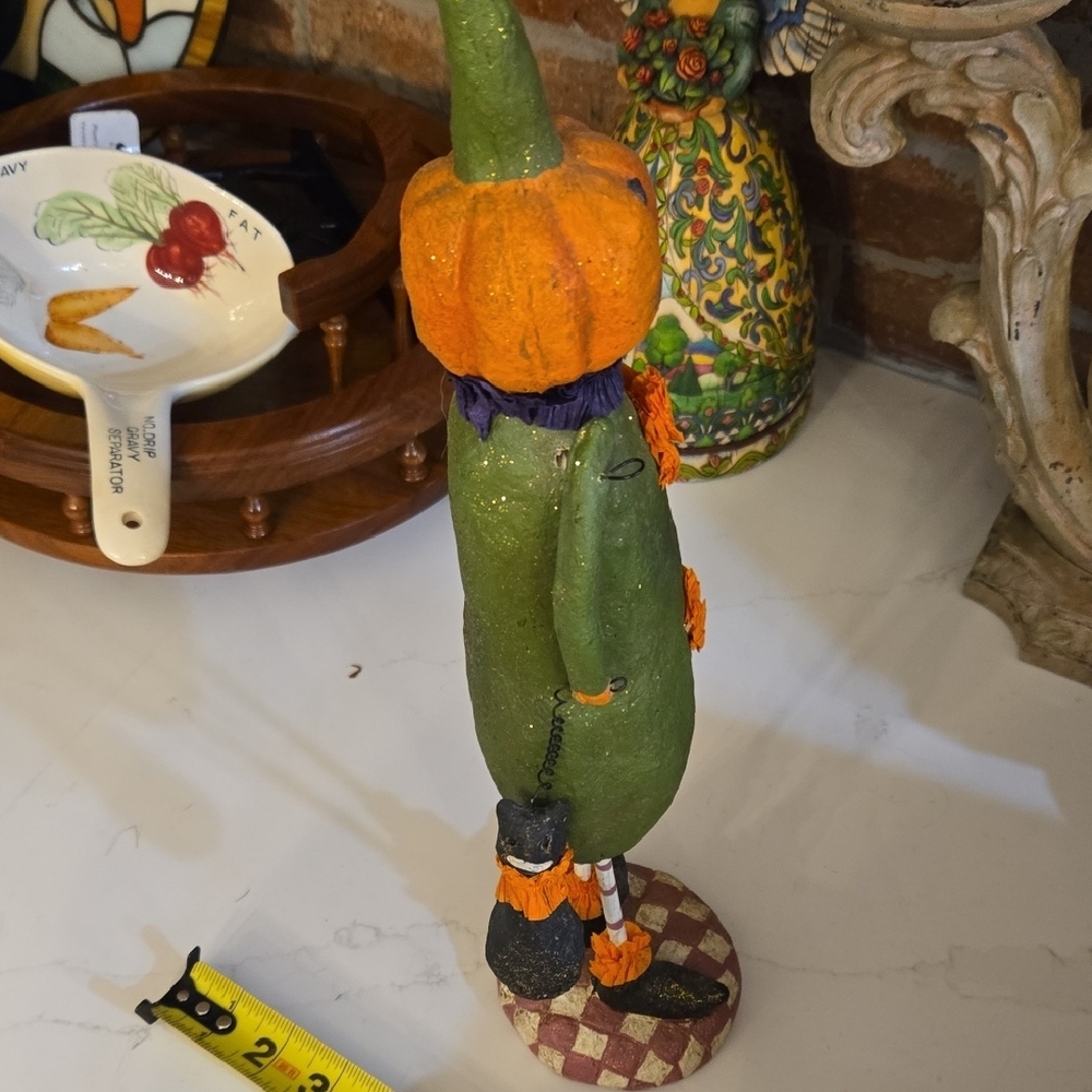 Green and Orange Pumpkin Figurine Holding A Black Cat - Picture 10 of 12